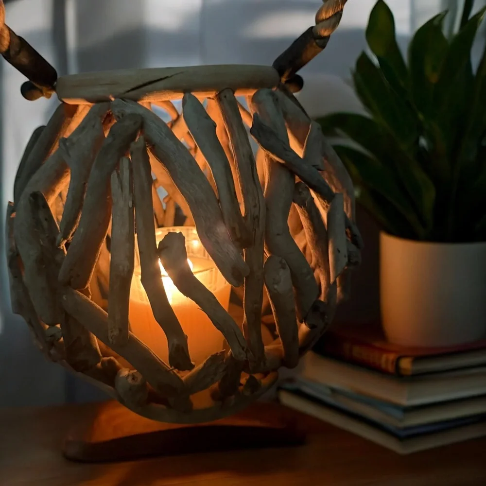 Driftwood Lantern Round Rustic Candle Coastal Design